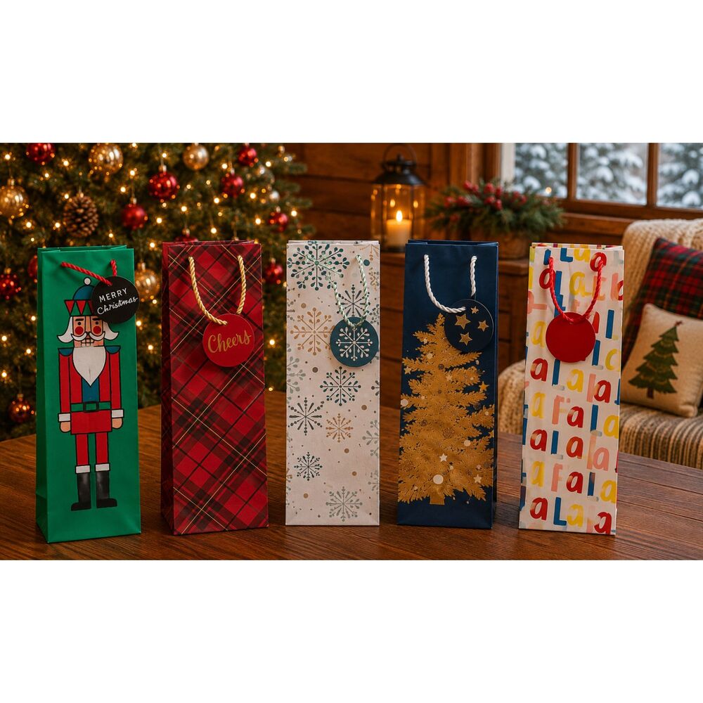 Hallmark Christmas Wine Bottle Gift Bags Set of 5 Assorted Holiday Designs NEW